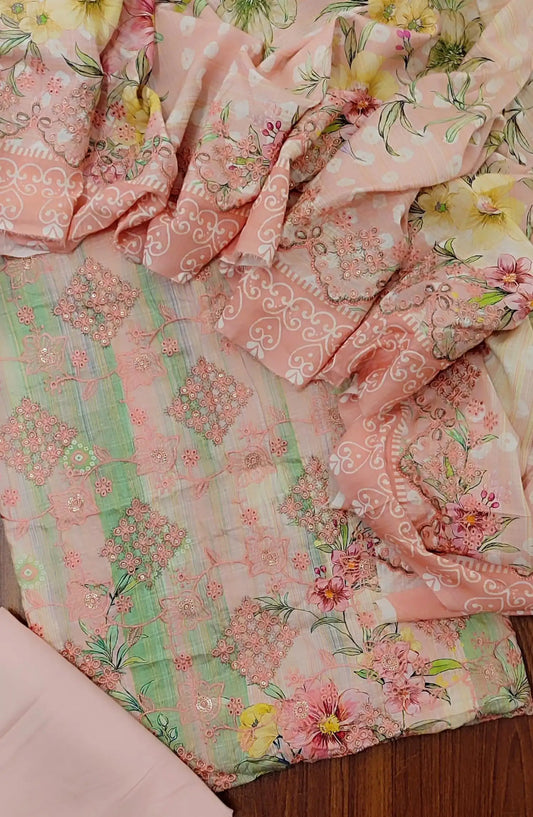 Premium Sequence Emb Linen 3 Pcs with Emb Dupatta Collection - Design 01