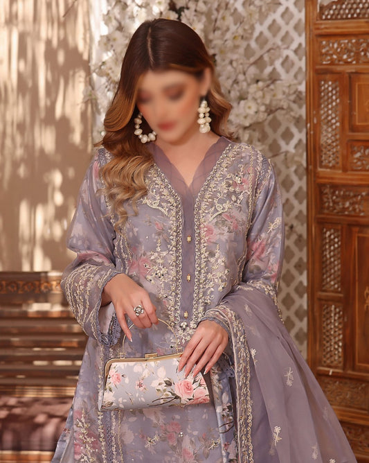 Design 02 Festive Formal floral print and Embroidered 3 Piece Pret Collection'23 With Stylish Hand Clutch