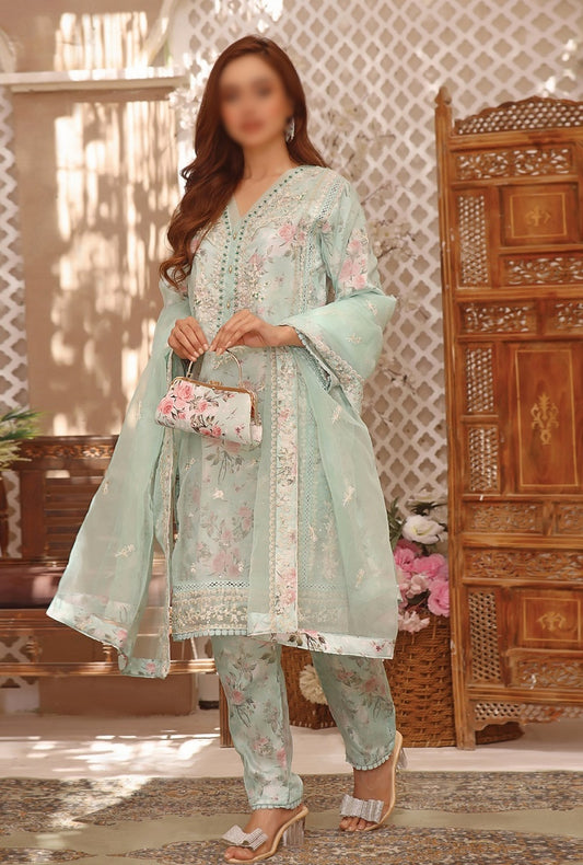 Design 04 Festive Formal floral print and Embroidered 3 Piece Pret Collection'23 With Stylish Hand Clutch