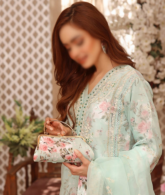 Design 04 Festive Formal floral print and Embroidered 3 Piece Pret Collection'23 With Stylish Hand Clutch