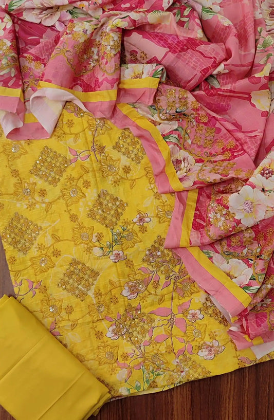 Premium Sequence Emb Linen 3 Pcs with Emb Dupatta Collection - Design 04