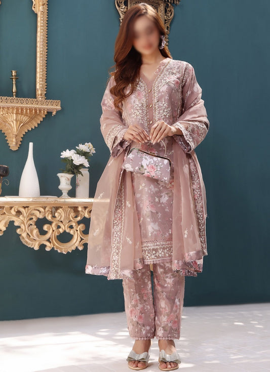 Design 05 Festive Formal floral print and Embroidered 3 Piece Pret Collection'23 With Stylish Hand Clutch