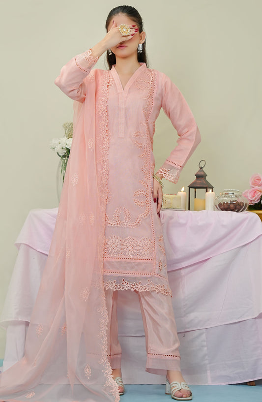Dehlilah by Amna Khadija Embroidered Khaddi Net Stitched 3 Piece Suit - DSCE-02 - AM25DKN - Pink - Festive Collection