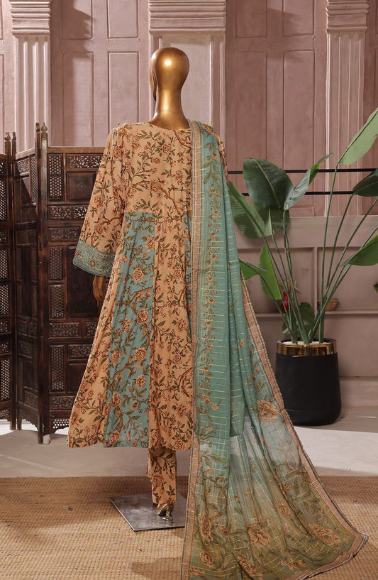 Bin Saeed Embroidered Lawn Stitched 3 Piece Frock - D-07 - BS25LEFV2 - Brown - Summer Collection