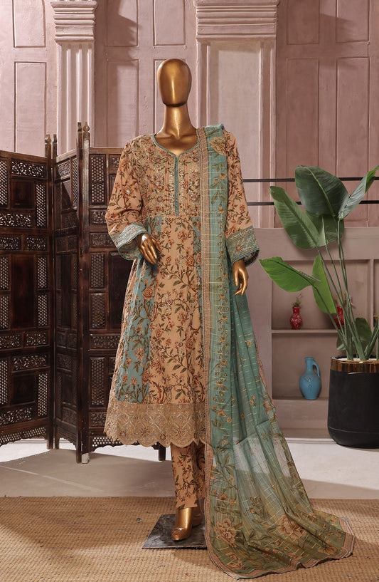 Bin Saeed Embroidered Lawn Stitched 3 Piece Frock - D-07 - BS25LEFV2 - Brown - Summer Collection