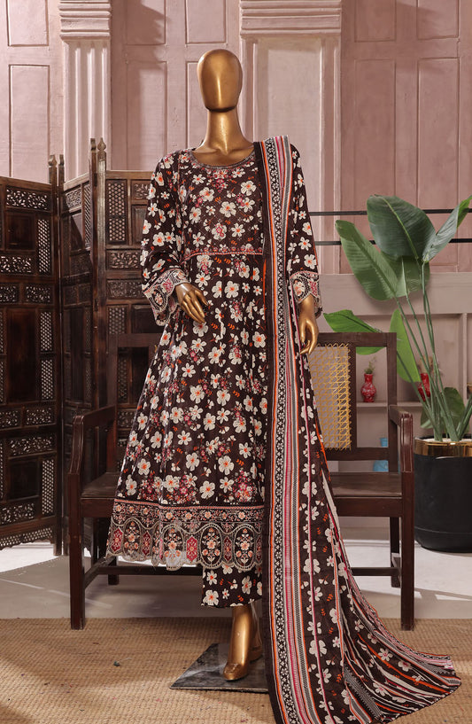 Bin Saeed Embroidered Lawn Stitched 3 Piece Frock - D-06 - BS25LEFV2 - Brown - Summer Collection