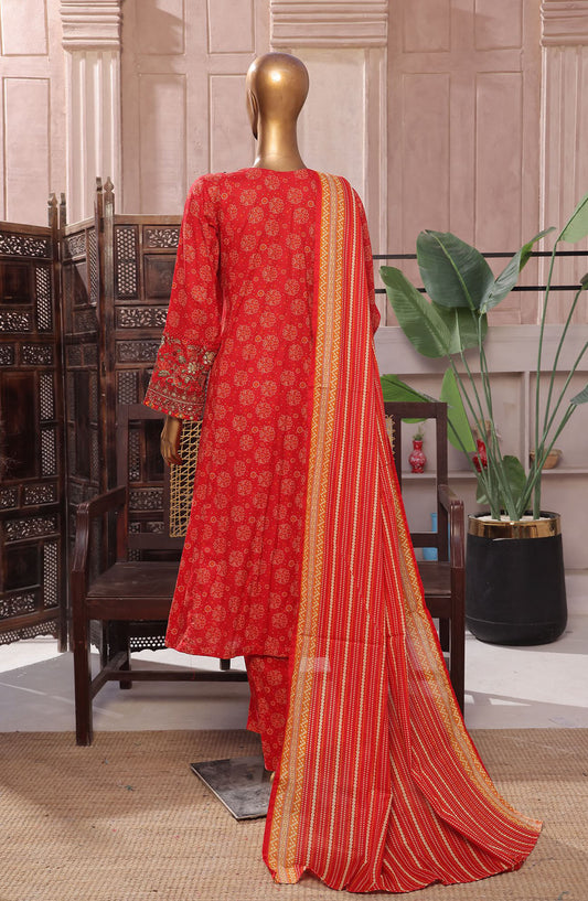 Bin Saeed Embroidered Lawn Stitched 3 Piece Frock - D-04 - BS25LEFV2 - Red - Summer Collection