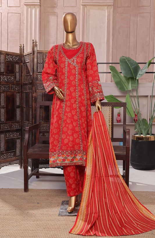 Bin Saeed Embroidered Lawn Stitched 3 Piece Frock - D-04 - BS25LEFV2 - Red - Summer Collection