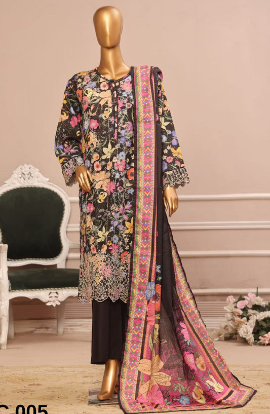 Bin Saeed Embroidered Lawn Stitched 3 Piece Suit - WC-005 - BS25EELV7 - Black - Summer Collection