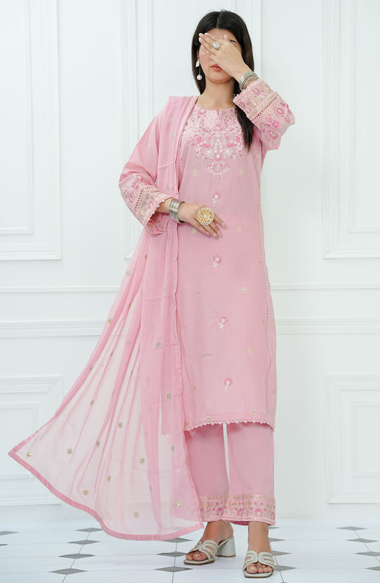 Ensemble by Amna Khadija Embroidered Lawn Stitched 3 Piece Suit - ELPEE-02 - AM25ELPEE - Pink - Summer Collection