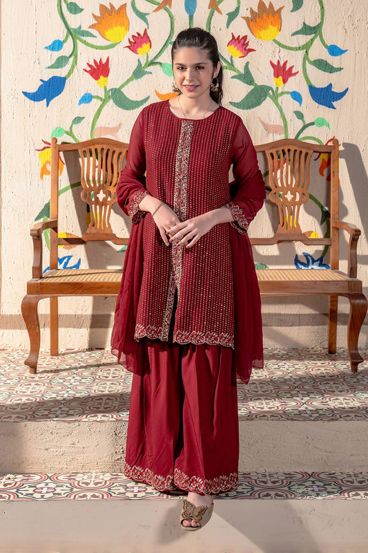 Ochre Festive Wear Chiffon Stitched 3 Piece - EM-50 - Maroon - Girls Collection
