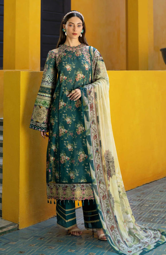 Elaf Embroidered Lawn Unstitched 3 Piece - ETS 07A STAY CURIOUS - EL25SL - Dark Green - Summer Collection