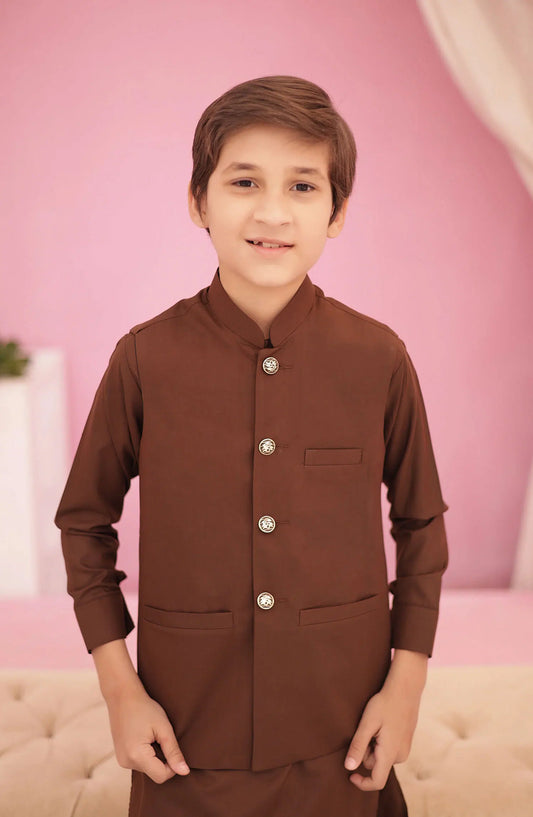 Eid Edit 3 Pcs 2024 By Hassan Jee - EW 01 Maple Brown Waistcoat Suit