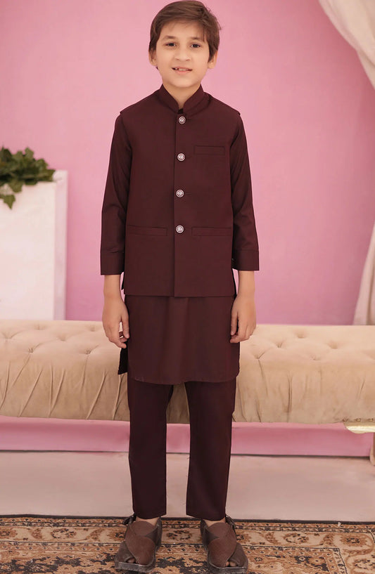 Eid Edit 3 Pcs 2024 By Hassan Jee - EW 03 Cedar Brown Waistcoat Suit