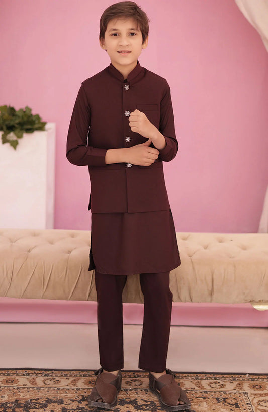 Eid Edit 3 Pcs 2024 By Hassan Jee - EW 03 Cedar Brown Waistcoat Suit