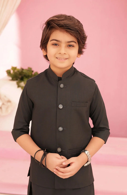 Eid Edit 3 Pcs 2024 By Hassan Jee - EW 05 Charcoal Black Waistcoat Suit