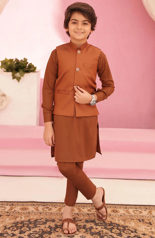 Eid Edit 3 Pcs 2024 By Hassan Jee - EW 06 Almond Brown Waistcoat Suit