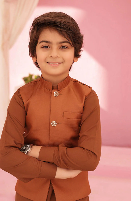 Eid Edit 3 Pcs 2024 By Hassan Jee - EW 06 Almond Brown Waistcoat Suit