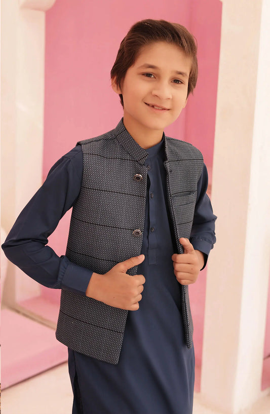 Eid Edit 3 Pcs 2024 By Hassan Jee - EW 07 Sapphire Blue Waistcoat Suit