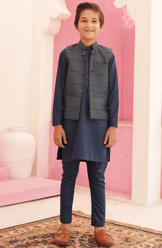 Eid Edit 3 Pcs 2024 By Hassan Jee - EW 07 Sapphire Blue Waistcoat Suit