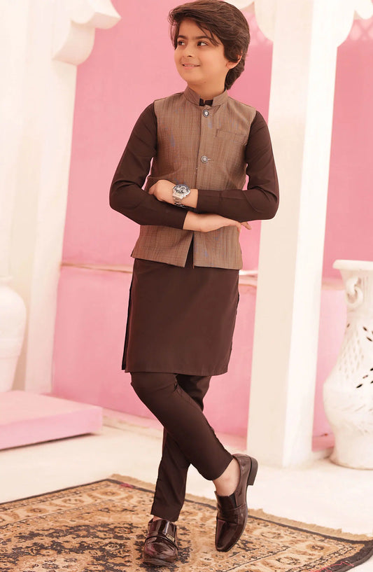 Eid Edit 3 Pcs 2024 By Hassan Jee - EW 08 Classic Brown Waistcoat Suit