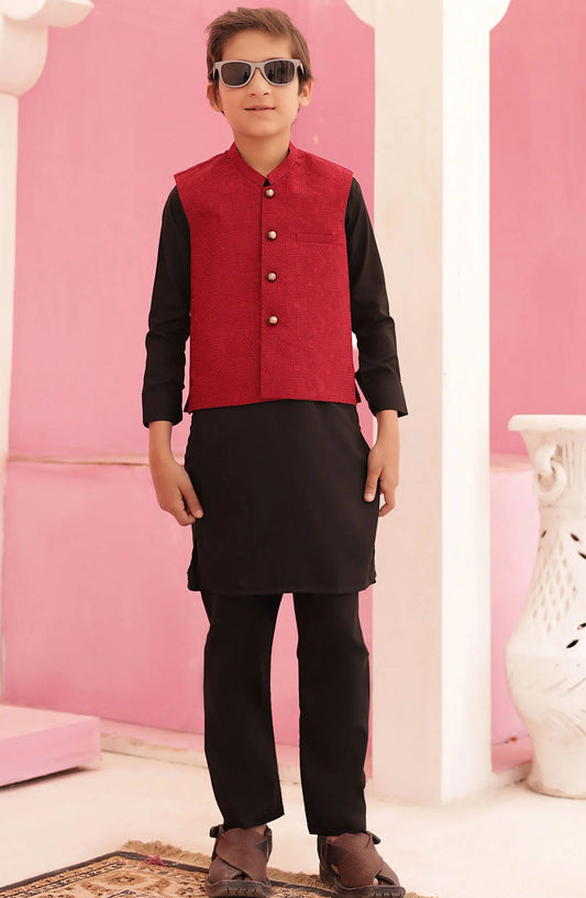 Eid Edit 3 Pcs 2024 By Hassan Jee - EW 09 Red Waistcoat Suit