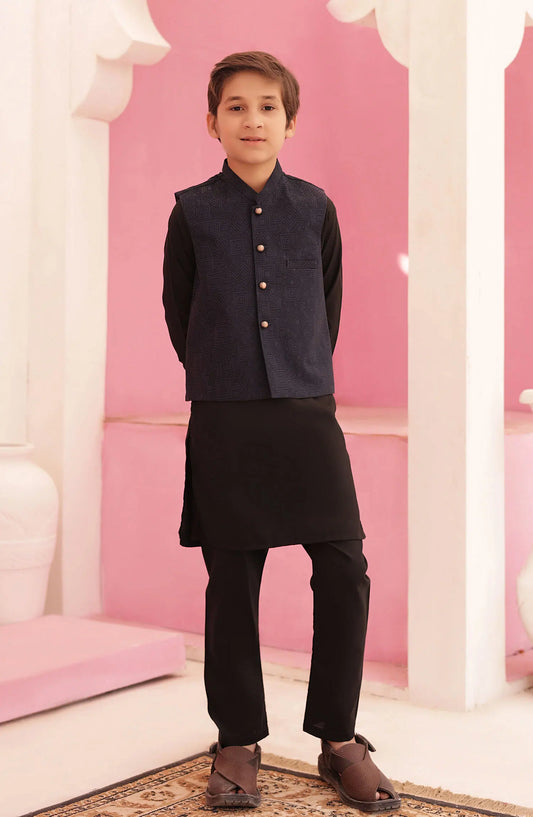 Eid Edit 3 Pcs 2024 By Hassan Jee - EW 11 Deep Blue Waistcoat Suit