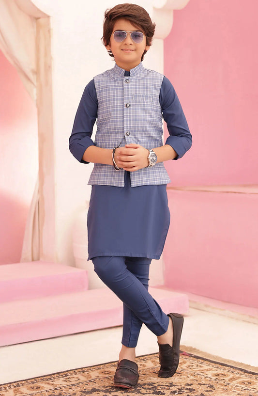 Eid Edit 3 Pcs 2024 By Hassan Jee - EW 12 Blue Waistcoat Suit