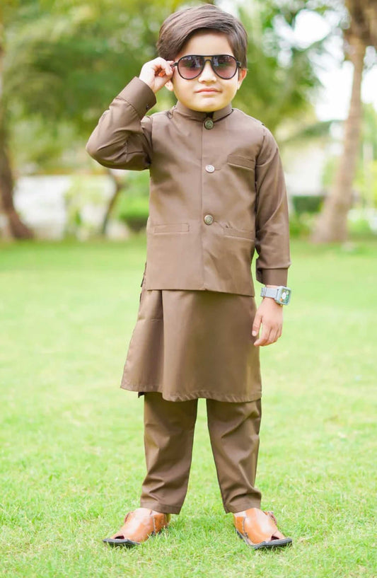 Exclusive 3 Pc Waist Coat Kurta Trouser Collection By Hassan Jee - EW25 Tortilla Brown Waistcoat Suit