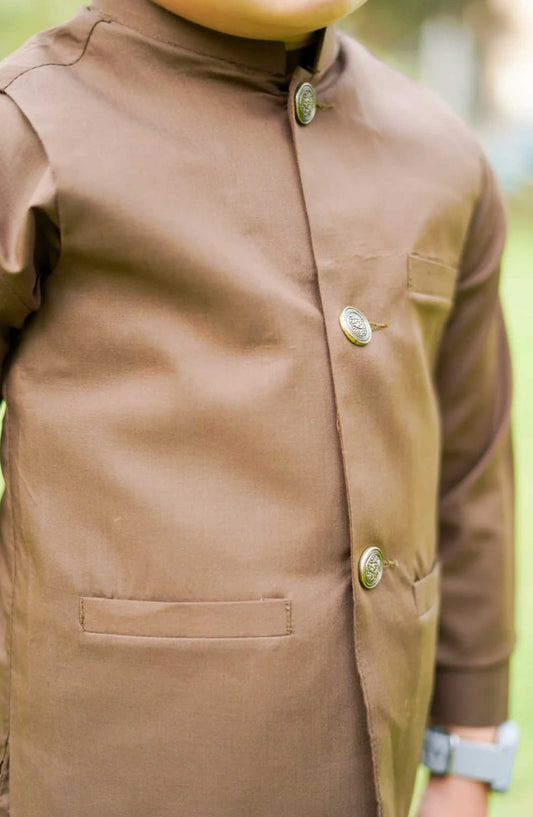 Exclusive 3 Pc Waist Coat Kurta Trouser Collection By Hassan Jee - EW25 Tortilla Brown Waistcoat Suit