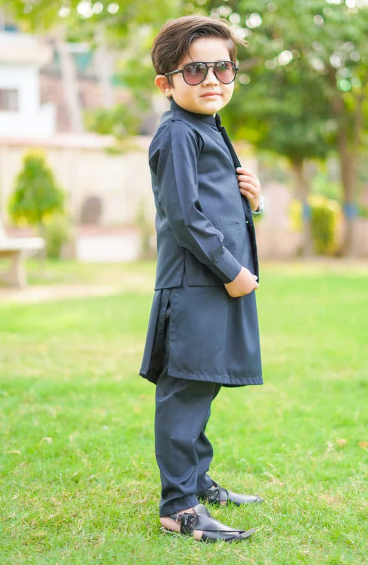 Exclusive 3 Pc Waist Coat Kurta Trouser Collection By Hassan Jee - EW26 Denim Blue Waistcoat Suit