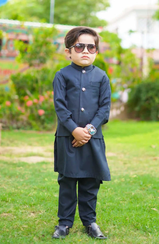 Exclusive 3 Pc Waist Coat Kurta Trouser Collection By Hassan Jee - EW26 Denim Blue Waistcoat Suit