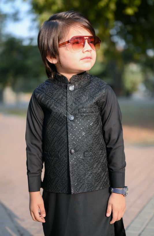 Exclusive 3 Pc Waist Coat Kurta Trouser Collection By Hassan Jee - EW27 Black Sequence Embroidered Waistcoat Suit