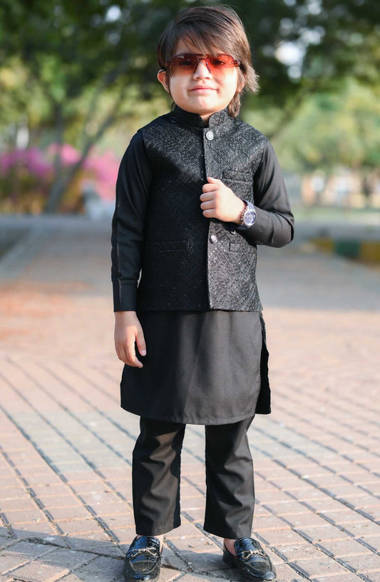 Exclusive 3 Pc Waist Coat Kurta Trouser Collection By Hassan Jee - EW27 Black Sequence Embroidered Waistcoat Suit
