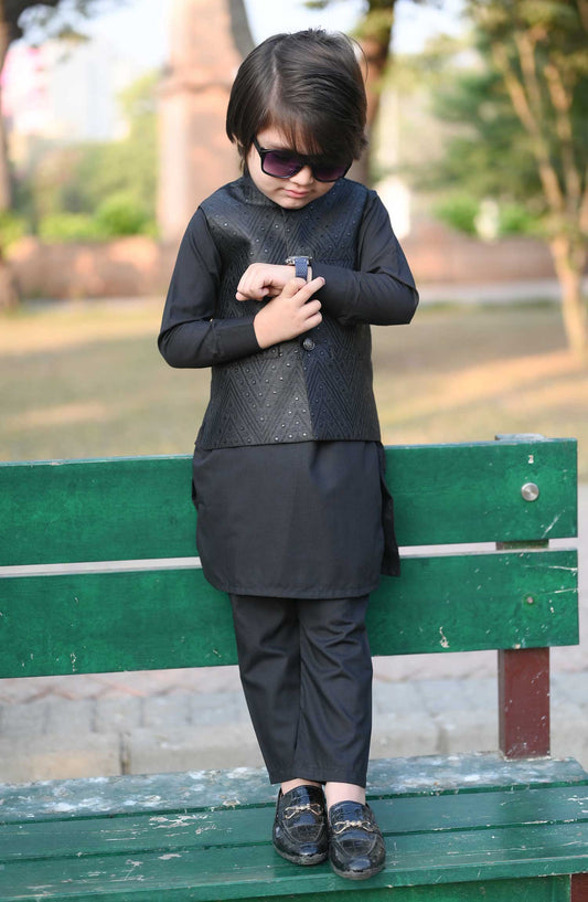 Exclusive 3 Pc Waist Coat Kurta Trouser Collection By Hassan Jee - EW28 Black Embroidered Waistcoat Suit