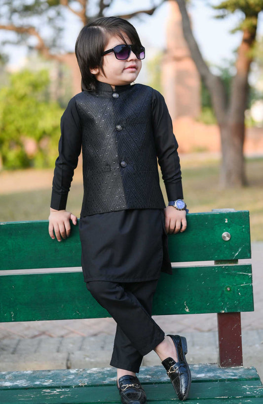 Exclusive 3 Pc Waist Coat Kurta Trouser Collection By Hassan Jee - EW28 Black Embroidered Waistcoat Suit
