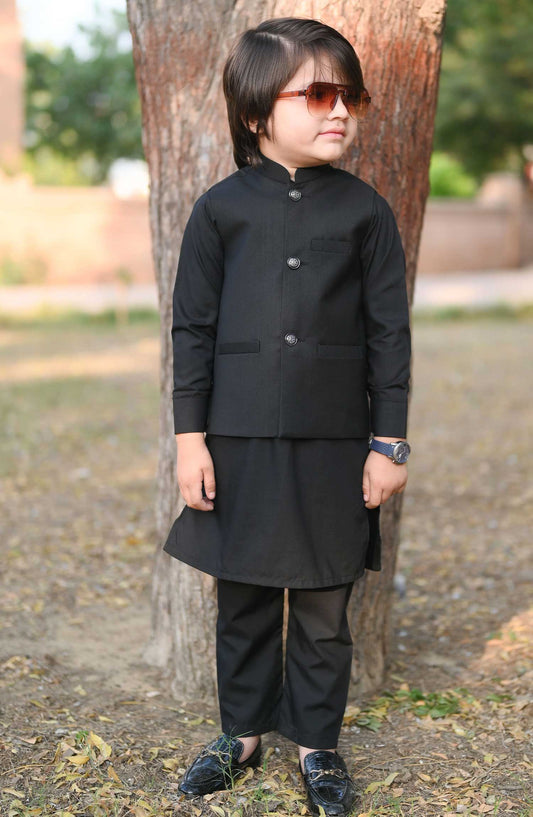 Exclusive 3 Pc Waist Coat Kurta Trouser Collection By Hassan Jee - EW29 Plain Black Waistcoat Suit
