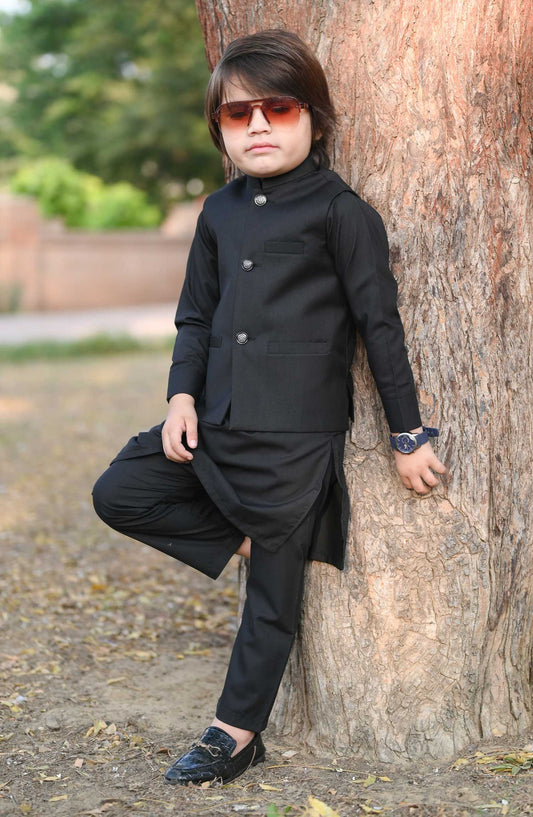 Exclusive 3 Pc Waist Coat Kurta Trouser Collection By Hassan Jee - EW29 Plain Black Waistcoat Suit