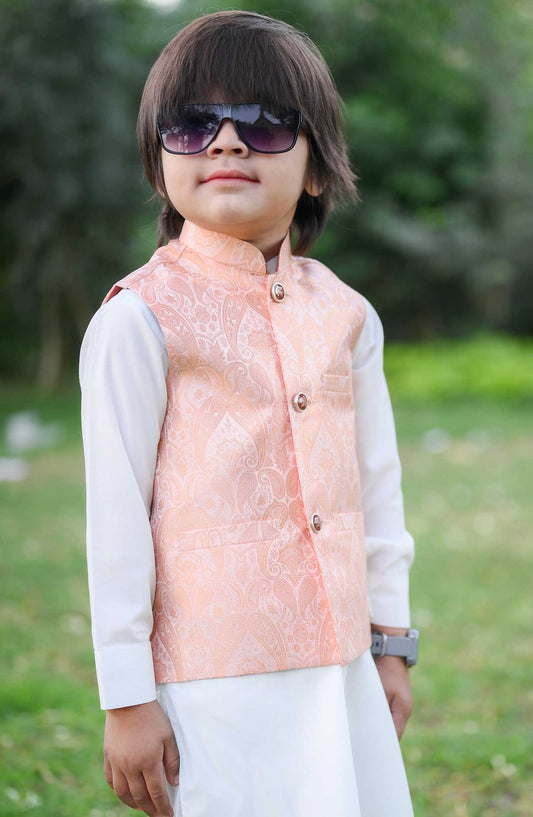 Exclusive 3 Pc Waist Coat Kurta Trouser Collection By Hassan Jee - EW30 Peach Waistcoat Suit