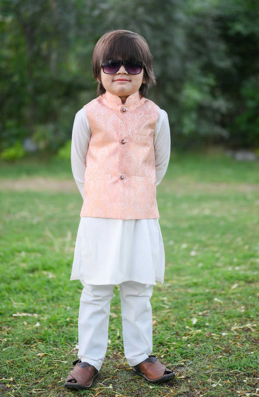 Exclusive 3 Pc Waist Coat Kurta Trouser Collection By Hassan Jee - EW30 Peach Waistcoat Suit