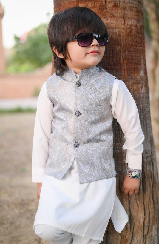 Exclusive 3 Pc Waist Coat Kurta Trouser Collection By Hassan Jee - EW31 Grey Waistcoat Suit
