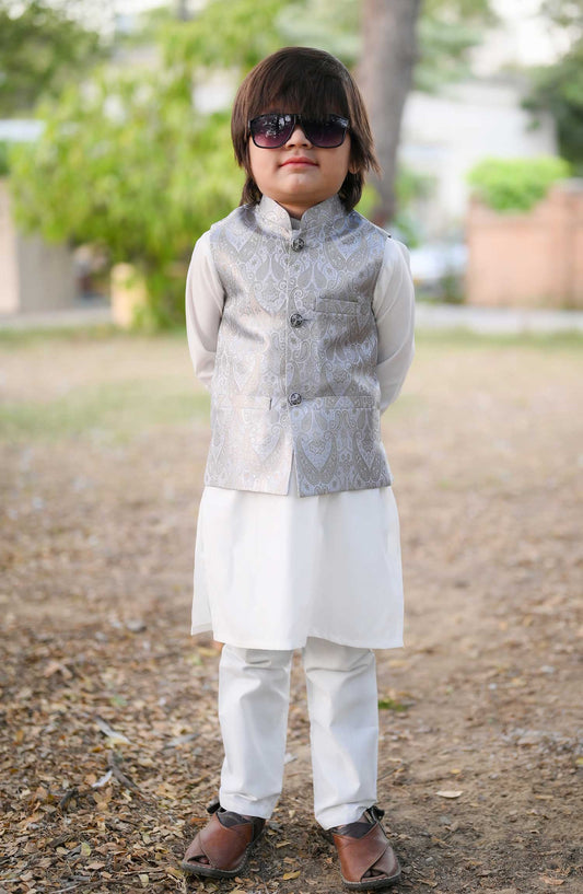 Exclusive 3 Pc Waist Coat Kurta Trouser Collection By Hassan Jee - EW31 Grey Waistcoat Suit