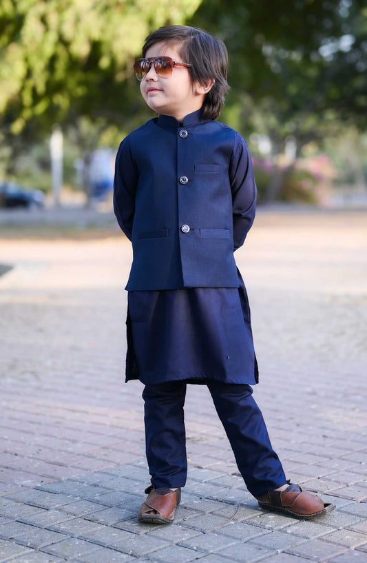 Exclusive 3 Pc Waist Coat Kurta Trouser Collection By Hassan Jee - EW32 Plain Blue Waistcoat Suit