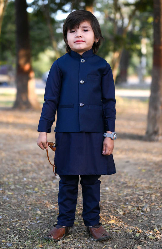 Exclusive 3 Pc Waist Coat Kurta Trouser Collection By Hassan Jee - EW32 Plain Blue Waistcoat Suit