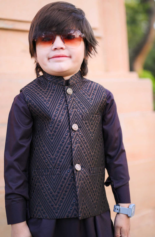 Exclusive 3 Pc Waist Coat Kurta Trouser Collection By Hassan Jee - EW34 Brown Waistcoat Suit