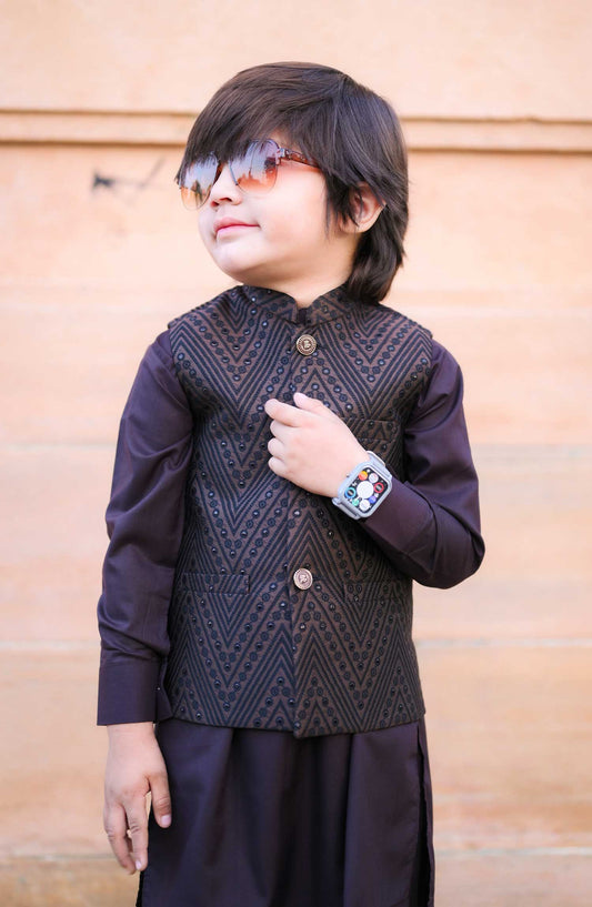 Exclusive 3 Pc Waist Coat Kurta Trouser Collection By Hassan Jee - EW34 Brown Waistcoat Suit