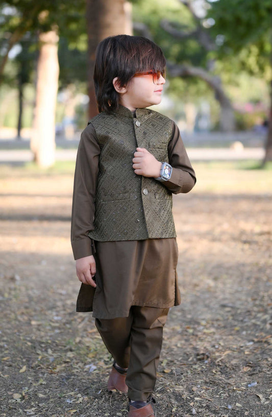 Exclusive 3 Pc Waist Coat Kurta Trouser Collection By Hassan Jee - EW35 Dark Brown Waistcoat Suit