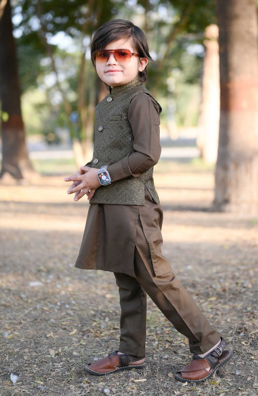 Exclusive 3 Pc Waist Coat Kurta Trouser Collection By Hassan Jee - EW35 Dark Brown Waistcoat Suit
