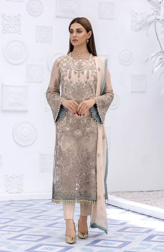 Flossie Embroidered Chiffon Unstitched 3 Piece Suit - S-803 Honey Peach - Beige - Formal Collection