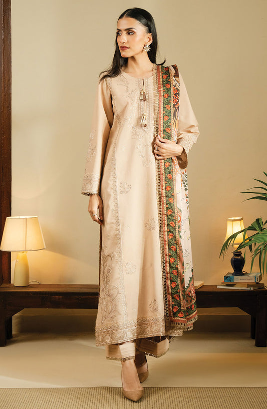 Faiza Faisal Embroidered Lawn Unstitched 3 Piece Suit - FNF-SS25-0406 Baha - FF25SSL - Beige - Summer Collection